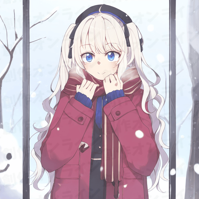 雪の中で待つ銀髪で青い目の女性、商用利用可能な画像