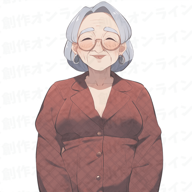 楽しそうな表情のチェック柄の茶色のジャケットを着た銀髪のおばあちゃん、商用利用可能な画像