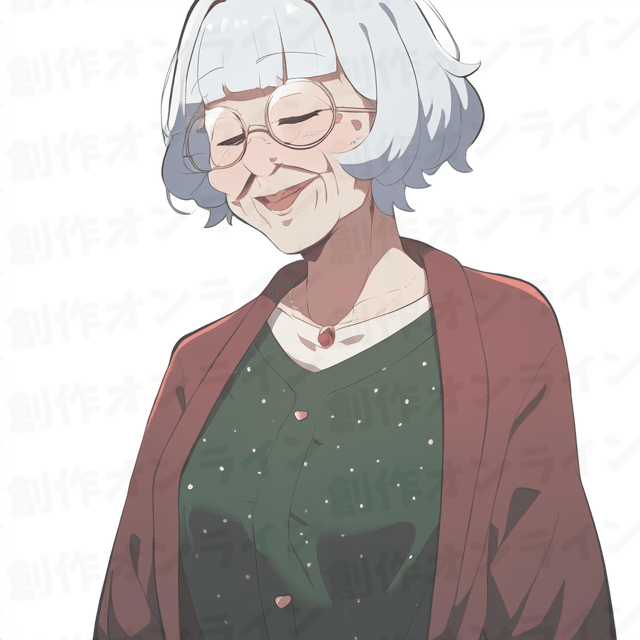 赤いジャケットと緑のセーターを着た銀髪の笑顔のおばあちゃん、商用利用可能な画像
