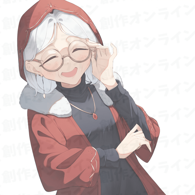 笑顔の銀髪の女性、赤い頭巾と赤いフリースのコートを着たおばあちゃん、商用利用可能な画像