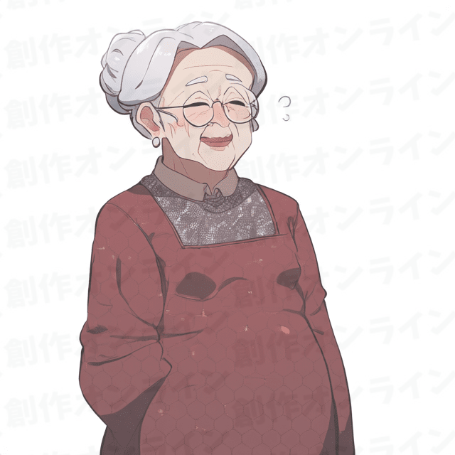 温かい笑顔、えんじ色のエプロンドレスのおばあちゃん、商用利用可能な画像
