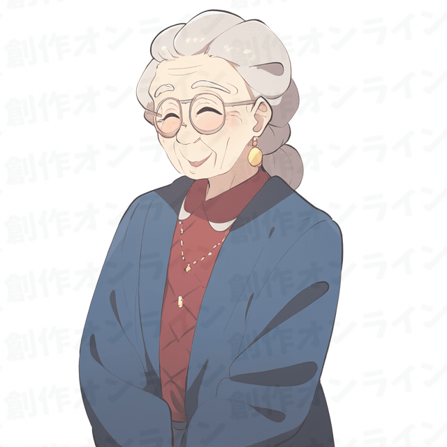 温かい笑顔、紺のブレザーに金のイヤリングのおばあちゃん、商用利用可能な画像