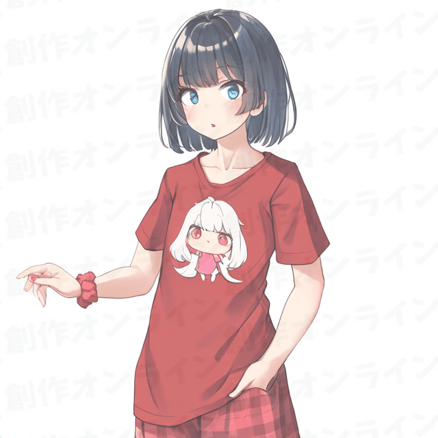 黒髪の青い目をした真顔の赤Tシャツと赤シュシュの少女、商用利用可能な画像