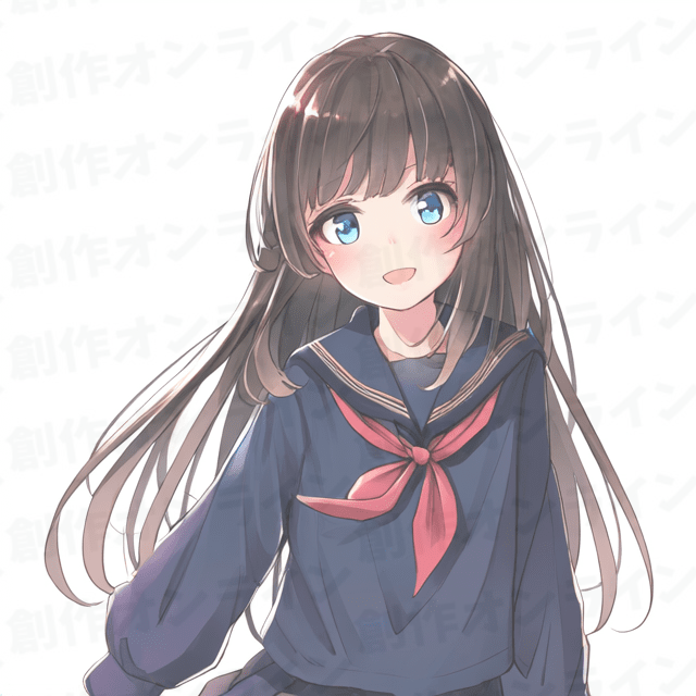 茶色の髪の、青色の目をした、微笑んでいる表情の、紺色のセーラー服を着た少女、商用利用可能な画像