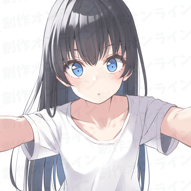 黒髪の白いTシャツを着ている女の子がこっちをじっと見ている、商用利用可能な画像