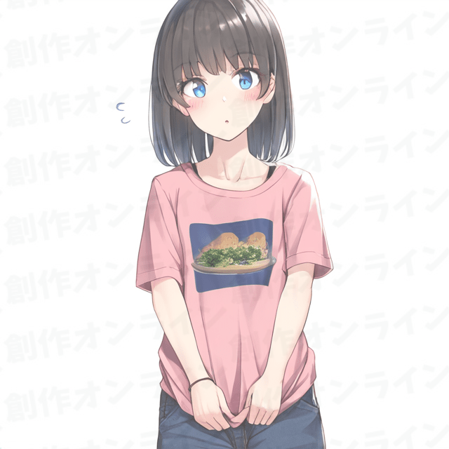 黒髪の青い目をした驚きのピンクTシャツとジーンズの女の子、商用利用可能な画像