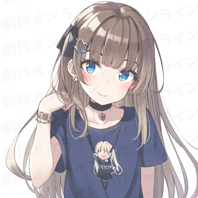 茶髪の青い目をした微笑みの青Tシャツと黒チョーカーの少女、商用利用可能な画像