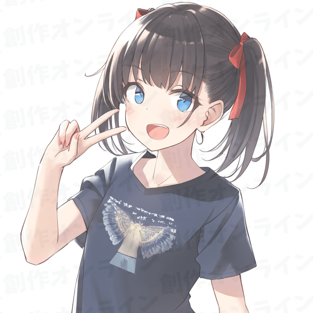 黒髪の青い目をした笑顔の青Tシャツと赤リボンの少女、商用利用可能な画像