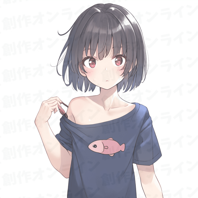 黒髪の赤い目をした真顔の青Tシャツの少女、商用利用可能な画像