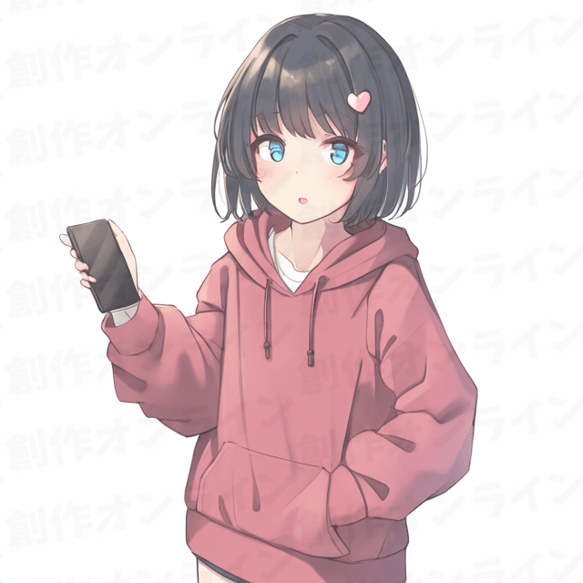 黒髪の、青い目をした、スマホを持っている、ピンクのパーカーを着た女の子、商用利用可能な画像