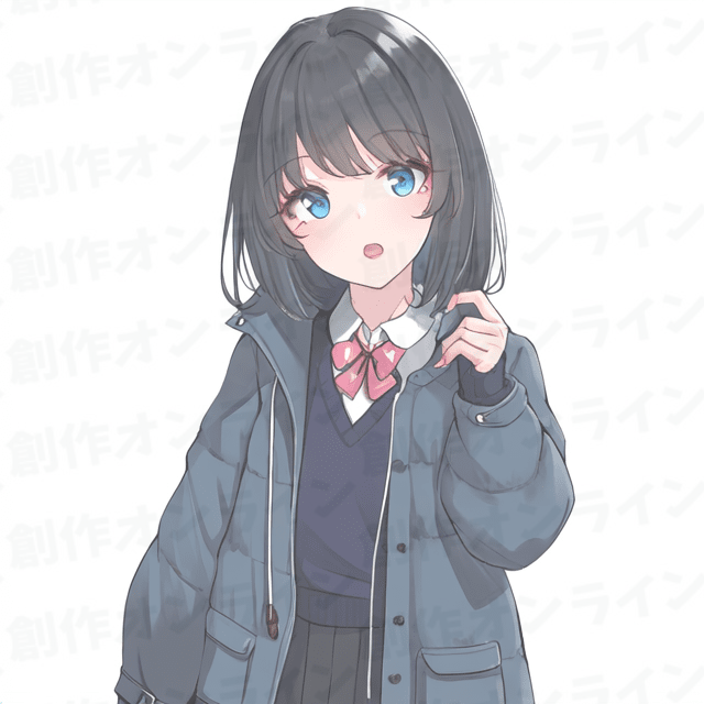 黒髪の、青い目をした、驚いた表情をしている、青いコートを着た女の子、商用利用可能な画像