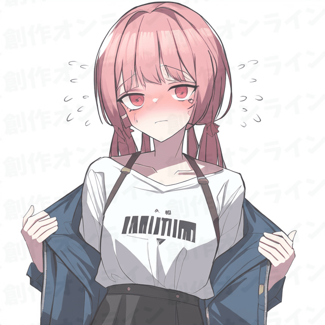 ピンク色の髪の、赤色の目をした、困っている、ツインテールの白いTシャツを着た女性、商用利用可能な画像