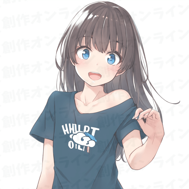 黒髪の青い目をした笑顔の青Tシャツの少女、商用利用可能な画像