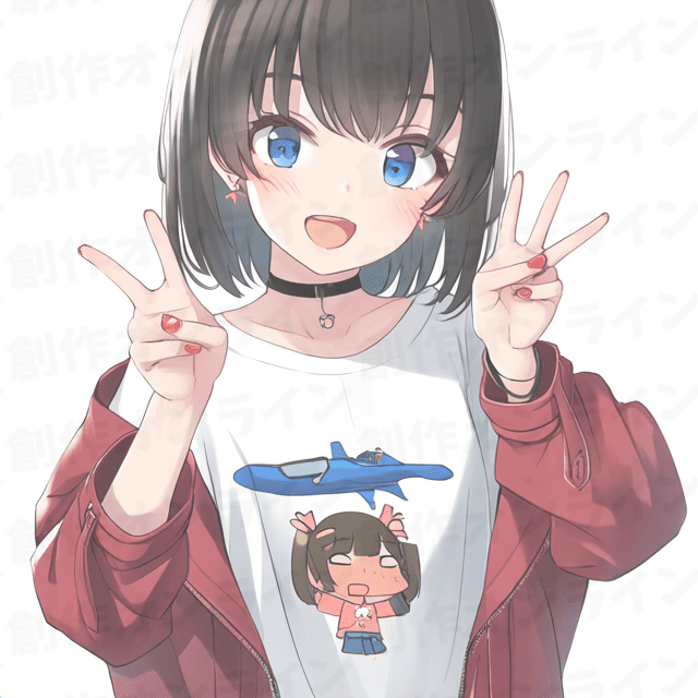 黒髪の青い目をした笑顔の白Tシャツと赤ジャケットの少女、商用利用可能な画像