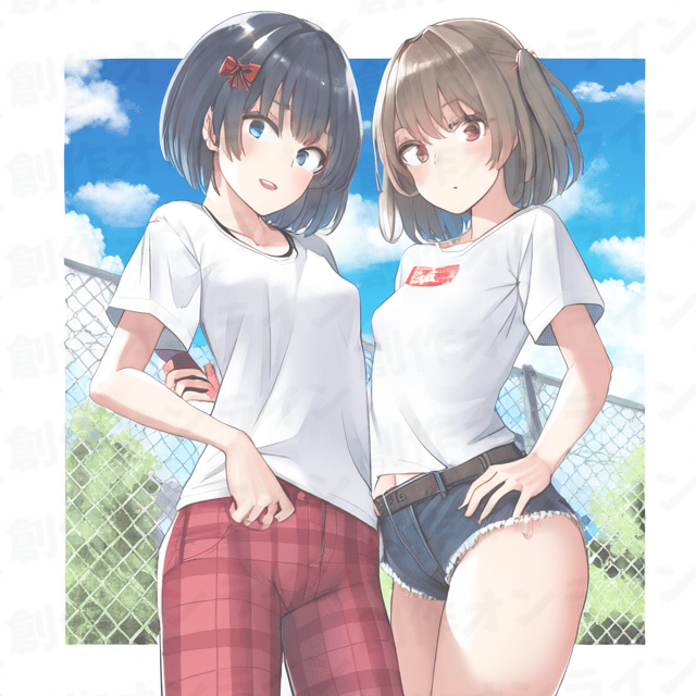 黒髪の青い目をした笑顔の白Tシャツの少女と茶髪の赤い目をした驚きの白Tシャツの少女、商用利用可能な画像