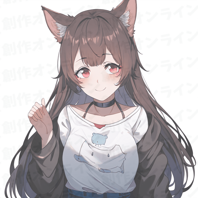 茶色の髪と赤い目をした、微笑んだ表情の白いTシャツと黒いチョーカーをつけた猫耳の女の子。、商用利用可能な画像