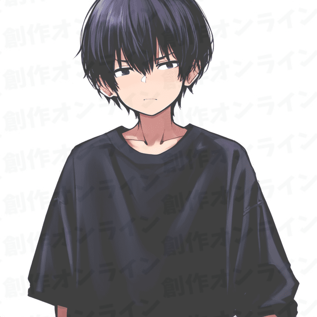 黒髪と黒い目、無表情の黒いTシャツ、商用利用可能な画像