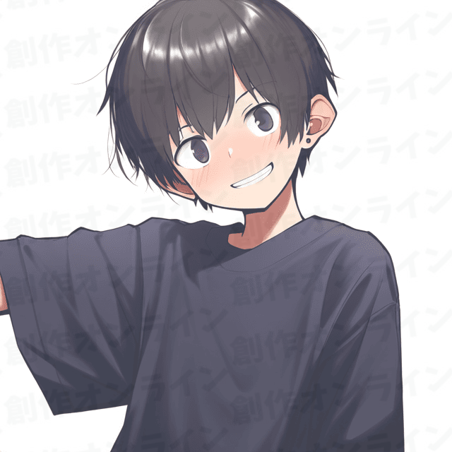 黒髪の、灰色の目をした、笑顔の、黒いTシャツを着た、ピアスをつけている、商用利用可能な画像