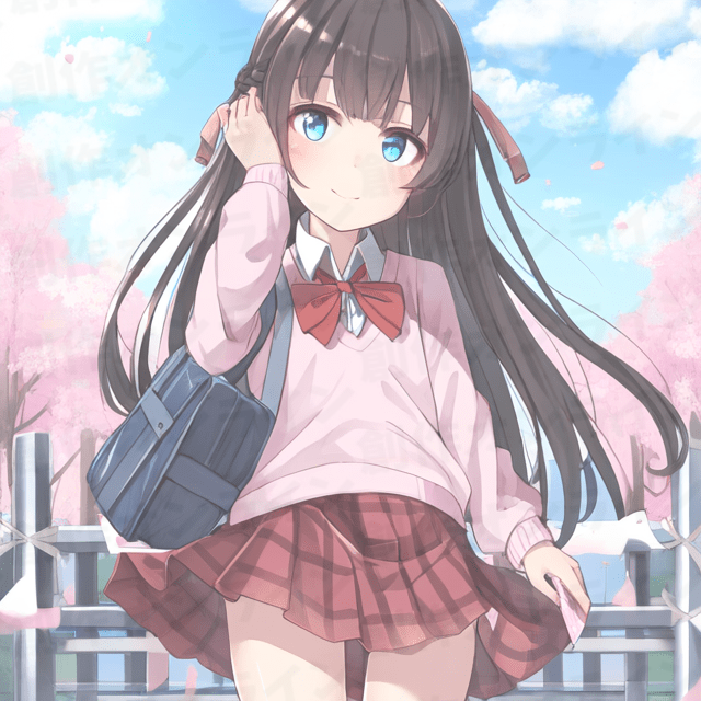 黒髪の、青い目をした、桜の背景の制服少女、商用利用可能な画像