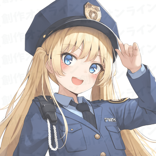 金髪の髪の、青色の目をした、笑顔の、警察官の制服を着た、帽子をかぶっている、商用利用可能な画像