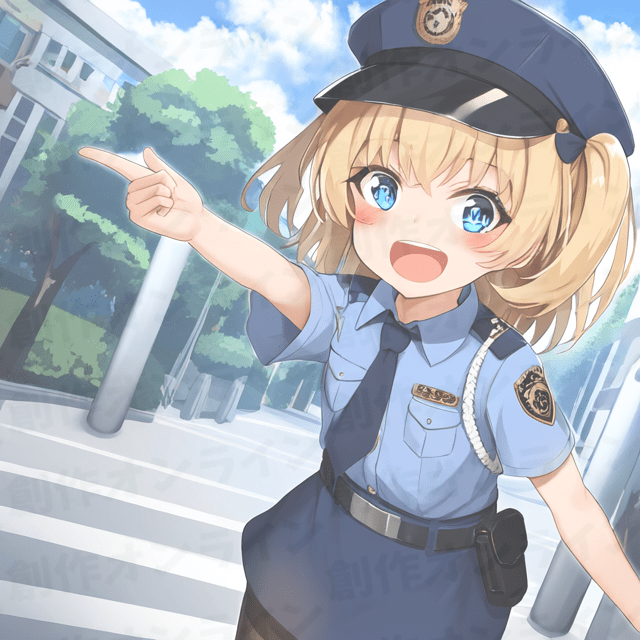 金髪の髪の、青色の目をした、指を指している笑顔の、警察官の制服を着た、腕章をつけている、商用利用可能な画像