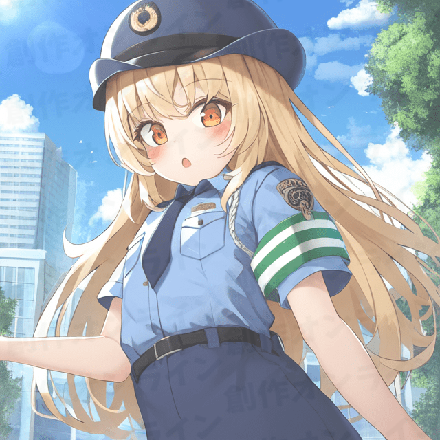 金髪のオレンジ色の目をした、青い警官制服を着た、驚いた表情をしている少女、商用利用可能な画像