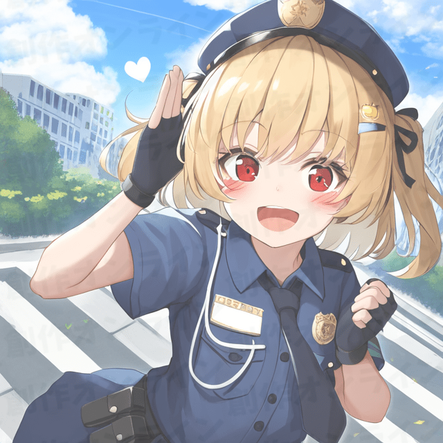 金髪の赤い目をした、青い警官制服を着た、敬礼している少女、商用利用可能な画像