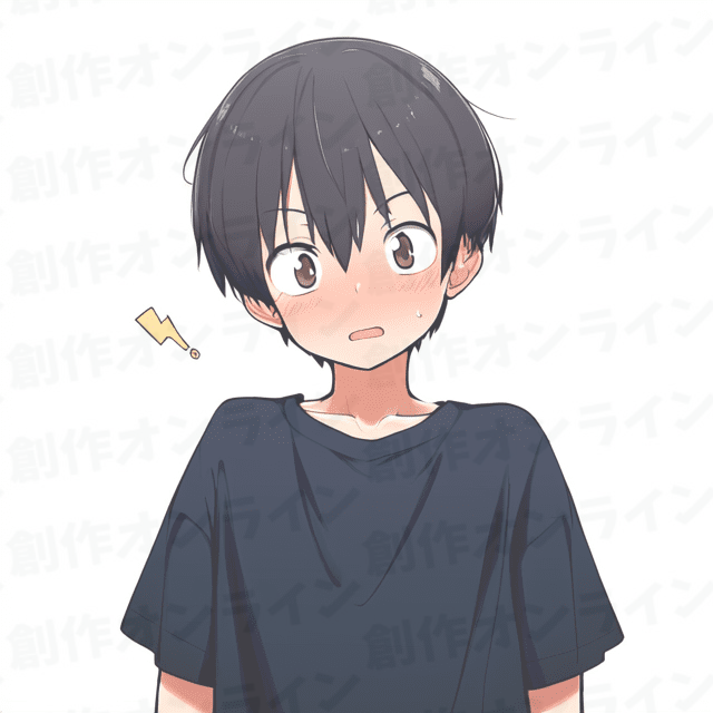 黒髪と茶色の目をした驚いた表情の黒いTシャツを着た少年、商用利用可能な画像