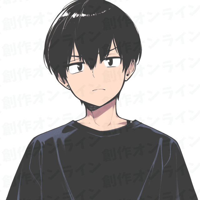 黒髪の、黒い目をした、冷静な表情をしている、黒いTシャツを着た少年、商用利用可能な画像