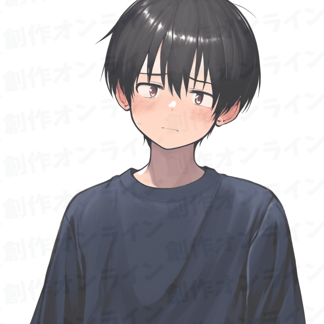 黒髪の、茶色の目をした、照れた表情をしている、青いTシャツを着た少年、商用利用可能な画像