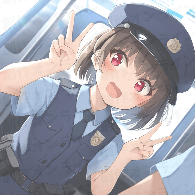 茶色の髪の、赤色の目をした、ピースサインをしている笑顔の、警察官の制服を着た、ベルトをつけている、商用利用可能な画像