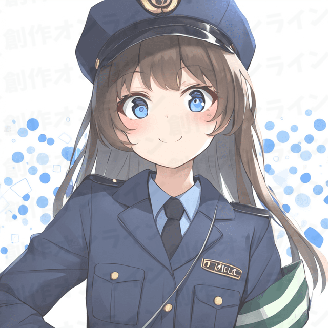 茶色の髪の、青色の目をした、微笑んでいる、警察官の制服を着た、腕章をつけている、商用利用可能な画像