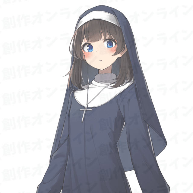 茶色の髪の、青い目をした、驚いた表情のシスターの服を着た少女、商用利用可能な画像