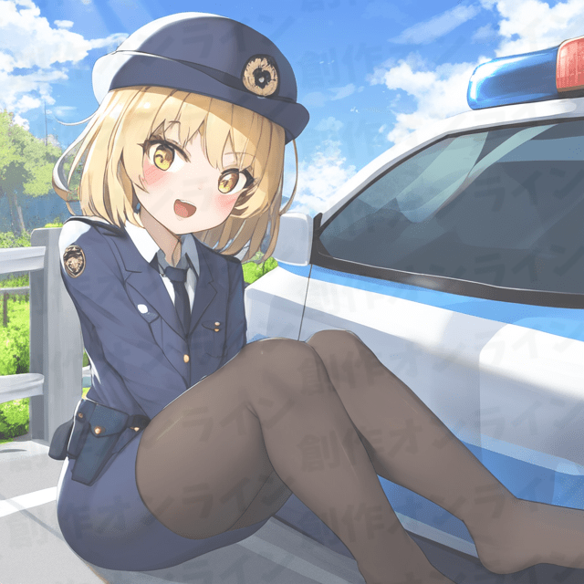 金髪のオレンジ色の目をした、青い警官制服を着た、パトカーの前に座っている少女、商用利用可能な画像