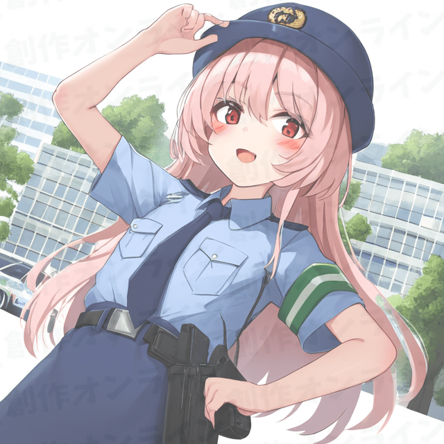 ピンク色の髪の、赤色の目をした、微笑んでいる、警察官の制服を着た、ベルトをつけている、商用利用可能な画像