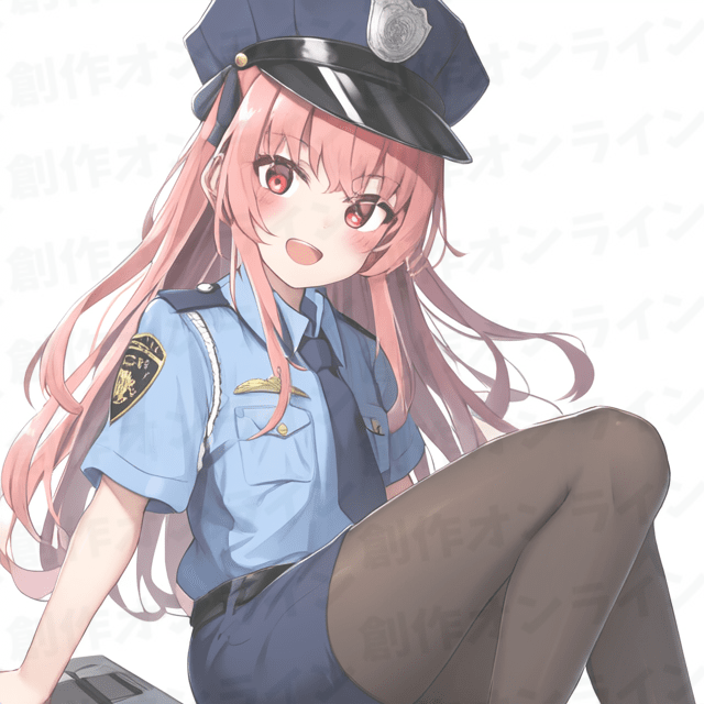 ピンク色の髪の、赤色の目をした、微笑んでいる、警察官の制服を着た、黒いタイツを履いている、商用利用可能な画像