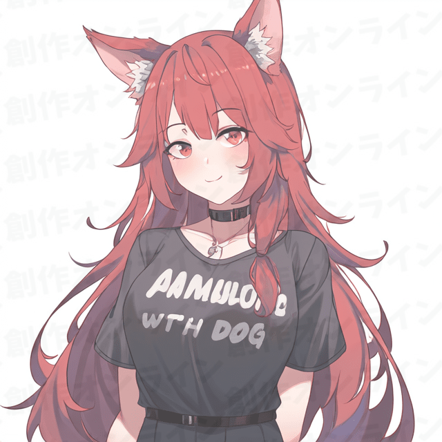 赤い髪の赤い目をした、黒いTシャツとチョーカーをつけた微笑む女の子、商用利用可能な画像