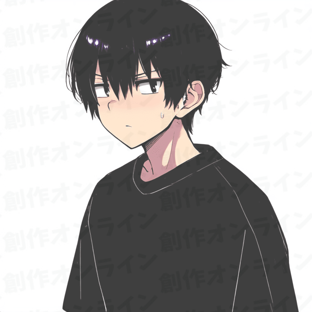 黒髪の、黒色の目をした、不機嫌そうな表情をしている、黒いTシャツを着た、商用利用可能な画像