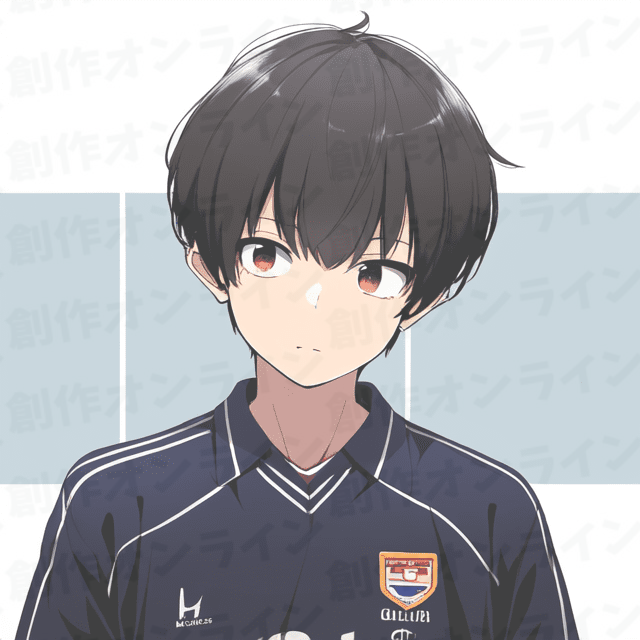 黒髪の、茶色の目をした、真剣な表情をしている、黒いサッカーユニフォームを着た少年、商用利用可能な画像