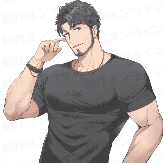 黒髪の、青い目をした、考え込んでいる表情の、黒いTシャツを着た、革のブレスレットをつけた男性、商用利用可能な画像