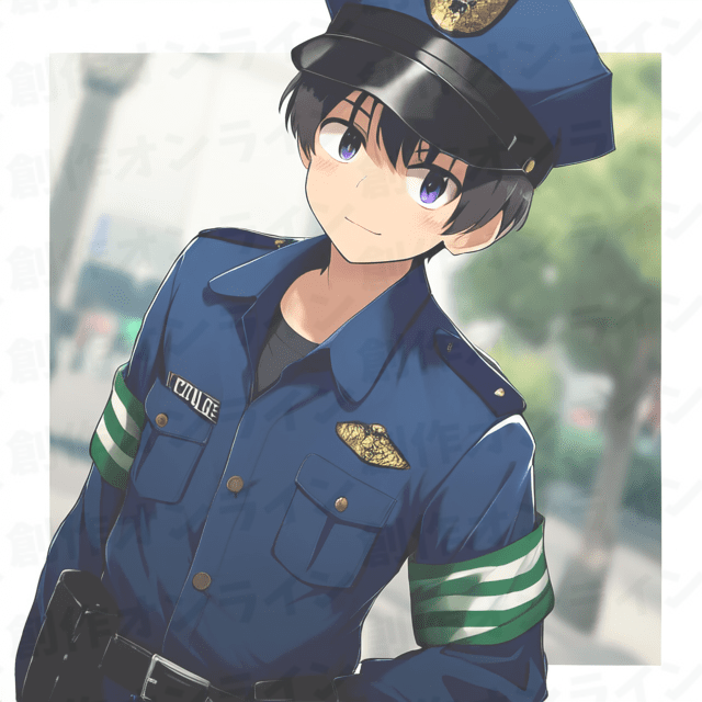 黒い髪、茶色い目をした、笑顔の表情をしている、警官の制服を着た、アクセサリーをつけていない、商用利用可能な画像