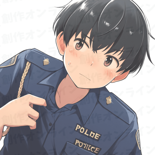 黒い髪、茶色い目をした、驚いた表情をしている、警官の制服を着た、アクセサリーをつけていない、商用利用可能な画像