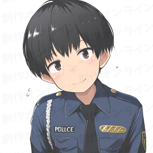 黒い髪、赤い目をした、微笑みの表情をしている、警官の制服を着た、アクセサリーをつけていない、商用利用可能な画像