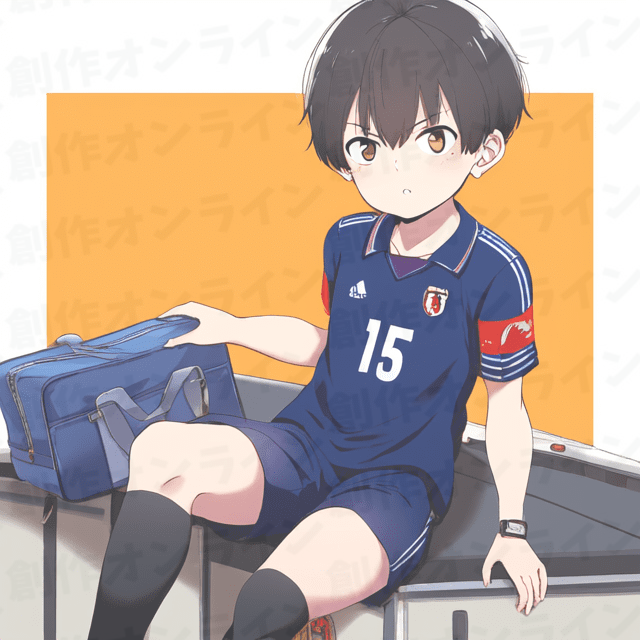 黒髪の、茶色の目をした、真剣な表情をしている、青いサッカーユニフォームを着た少年、商用利用可能な画像