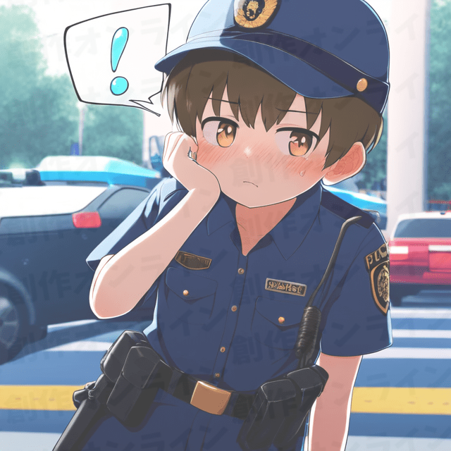 茶色い髪、茶色い目をした、困った表情をしている、警官の制服を着た、帽子をかぶっている、商用利用可能な画像