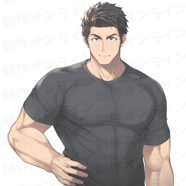 黒髪の、青い目をした、真剣な表情の、黒いTシャツを着た男性、商用利用可能な画像