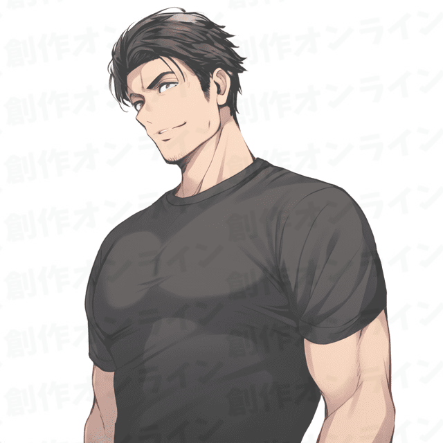 黒髪の、青い目をした、微笑みの表情をしている、黒いTシャツを着た男性、商用利用可能な画像