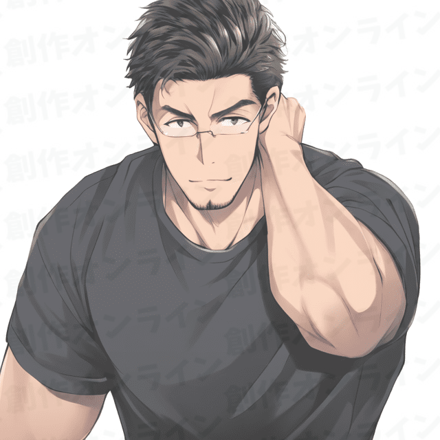 黒髪の、茶色の目をした、首を傾げた、眼鏡をかけた、黒いTシャツを着た男性、商用利用可能な画像