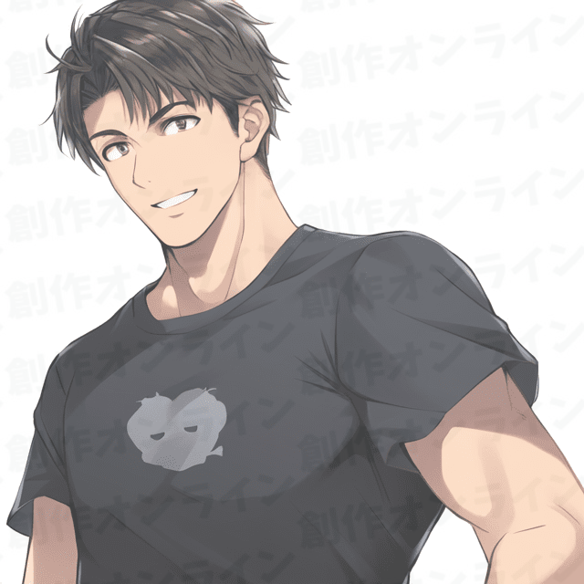 茶髪の、茶色い目をした、笑顔の、黒いTシャツを着た男性、商用利用可能な画像