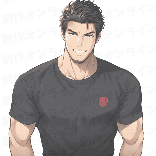 黒髪で笑顔の、黒いTシャツを着た男性、商用利用可能な画像